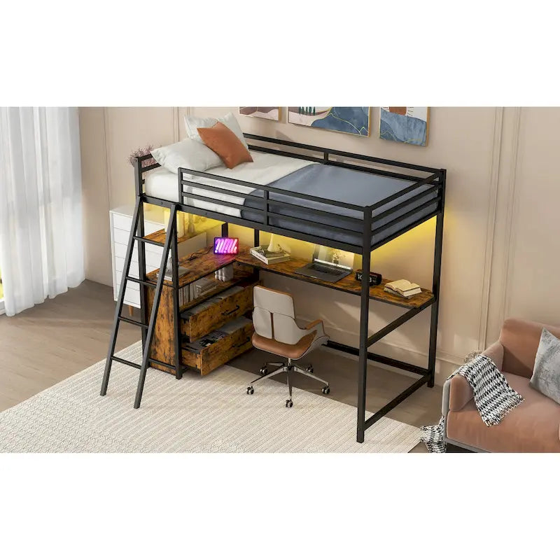 Lit mezzanine double en métal et bois avec bureau et étagères, deux tiroirs intégrés, lumière LED et station de recharge USB