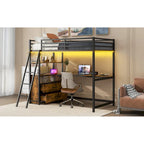 Lit mezzanine double en métal et bois avec bureau et étagères, deux tiroirs intégrés, lumière LED et station de recharge USB
