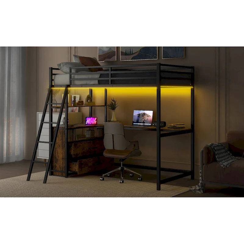 Lit mezzanine double en métal et bois avec bureau et étagères, deux tiroirs intégrés, lumière LED et station de recharge USB