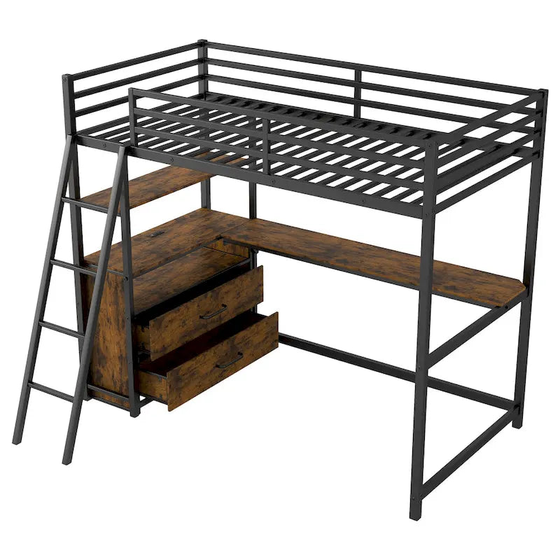 Lit mezzanine double en métal et bois avec bureau et étagères, deux tiroirs intégrés, lumière LED et station de recharge USB