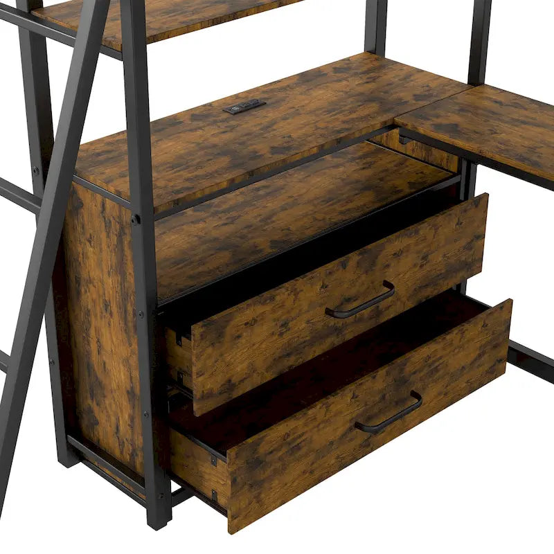 Lit mezzanine double en métal et bois avec bureau et étagères, deux tiroirs intégrés, lumière LED et station de recharge USB