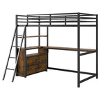 Lit mezzanine double en métal et bois avec bureau et étagères, deux tiroirs intégrés, lumière LED et station de recharge USB