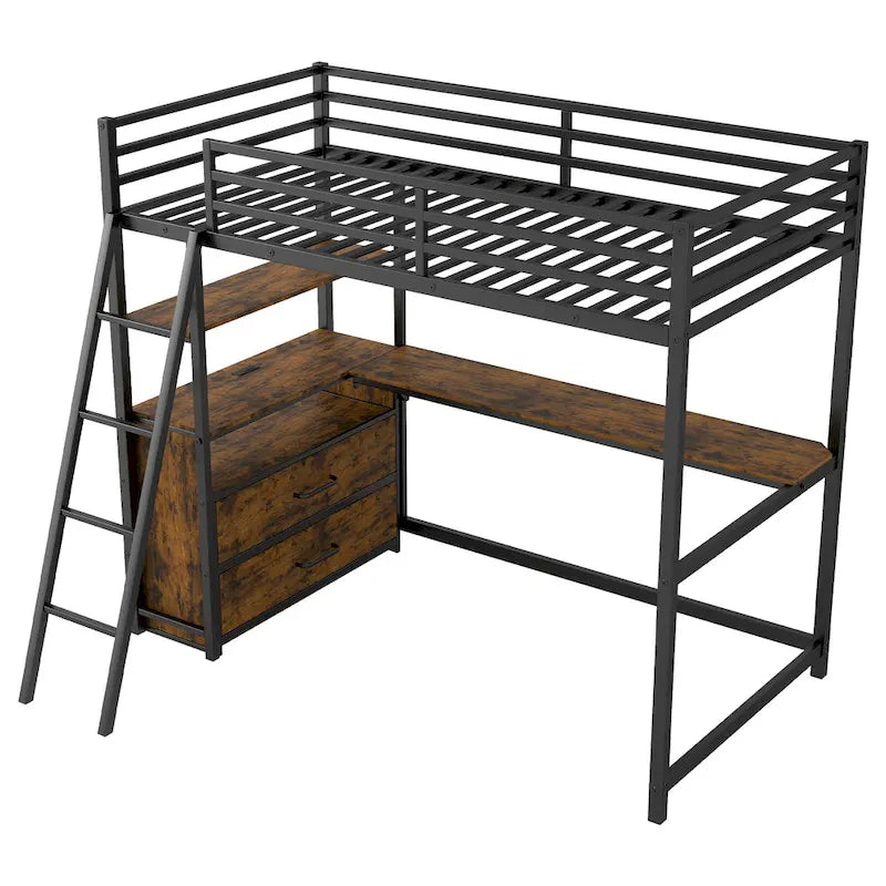 Lit mezzanine double en métal et bois avec bureau et étagères, deux tiroirs intégrés, lumière LED et station de recharge USB