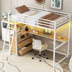 Lit mezzanine double en métal et bois avec bureau et étagères, deux tiroirs intégrés, lumière LED et station de recharge USB
