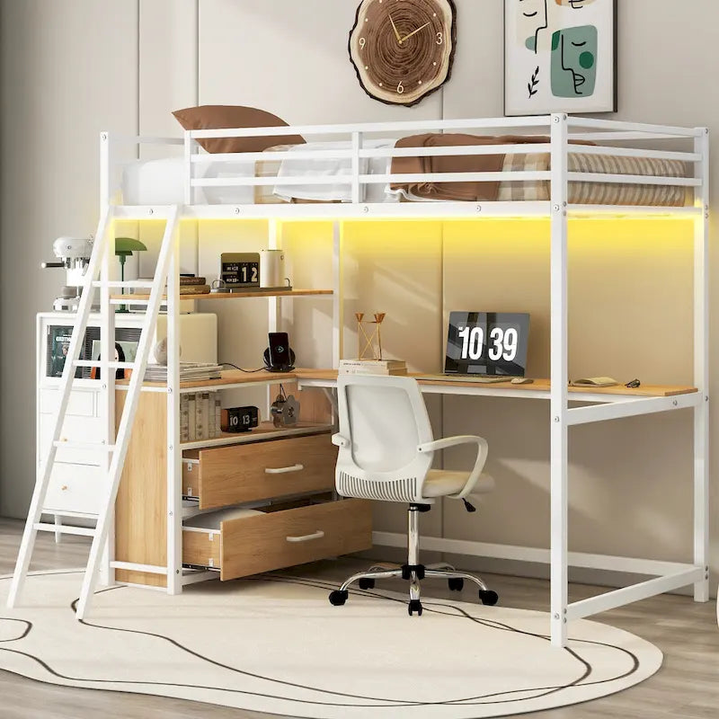 Lit mezzanine double en métal et bois avec bureau et étagères, deux tiroirs intégrés, lumière LED et station de recharge USB