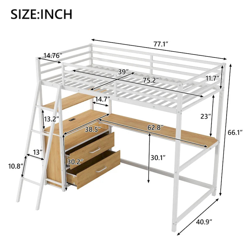 Lit mezzanine double en métal et bois avec bureau et étagères, deux tiroirs intégrés, lumière LED et station de recharge USB