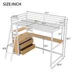 Lit mezzanine double en métal et bois avec bureau et étagères, deux tiroirs intégrés, lumière LED et station de recharge USB