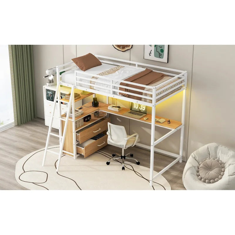 Lit mezzanine double en métal et bois avec bureau et étagères, deux tiroirs intégrés, lumière LED et station de recharge USB
