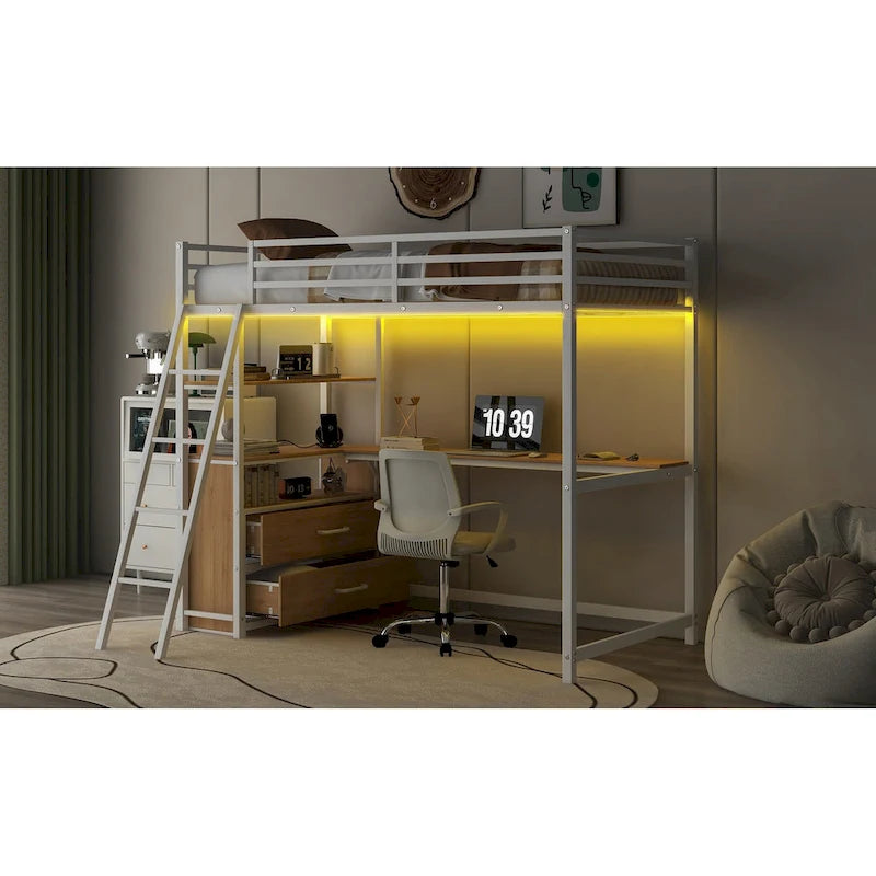 Lit mezzanine double en métal et bois avec bureau et étagères, deux tiroirs intégrés, lumière LED et station de recharge USB