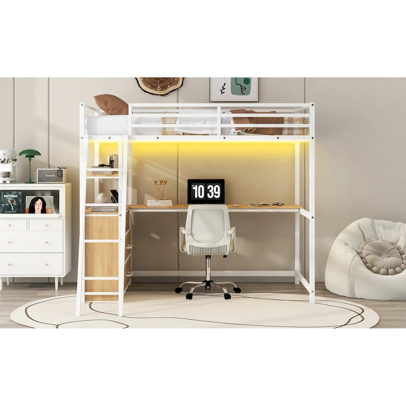 Lit mezzanine double en métal et bois avec bureau et étagères, deux tiroirs intégrés, lumière LED et station de recharge USB