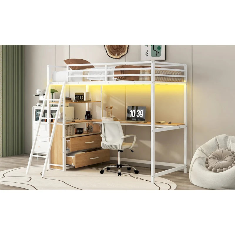 Lit mezzanine double en métal et bois avec bureau et étagères, deux tiroirs intégrés, lumière LED et station de recharge USB