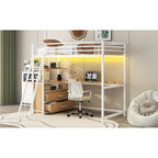 Lit mezzanine double en métal et bois avec bureau et étagères, deux tiroirs intégrés, lumière LED et station de recharge USB