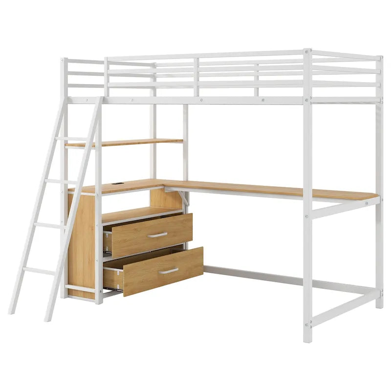 Lit mezzanine double en métal et bois avec bureau et étagères, deux tiroirs intégrés, lumière LED et station de recharge USB