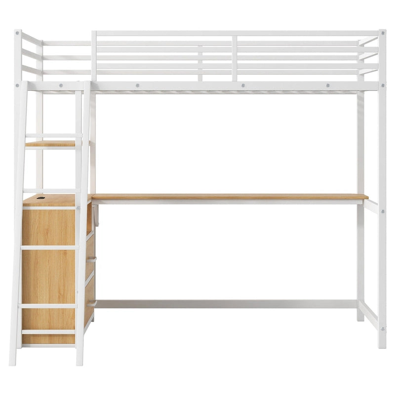 Lit mezzanine double en métal et bois avec bureau et étagères, deux tiroirs intégrés, lumière LED et station de recharge USB