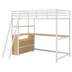 Lit mezzanine double en métal et bois avec bureau et étagères, deux tiroirs intégrés, lumière LED et station de recharge USB