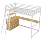 Lit mezzanine double en métal et bois avec bureau et étagères, deux tiroirs intégrés, lumière LED et station de recharge USB