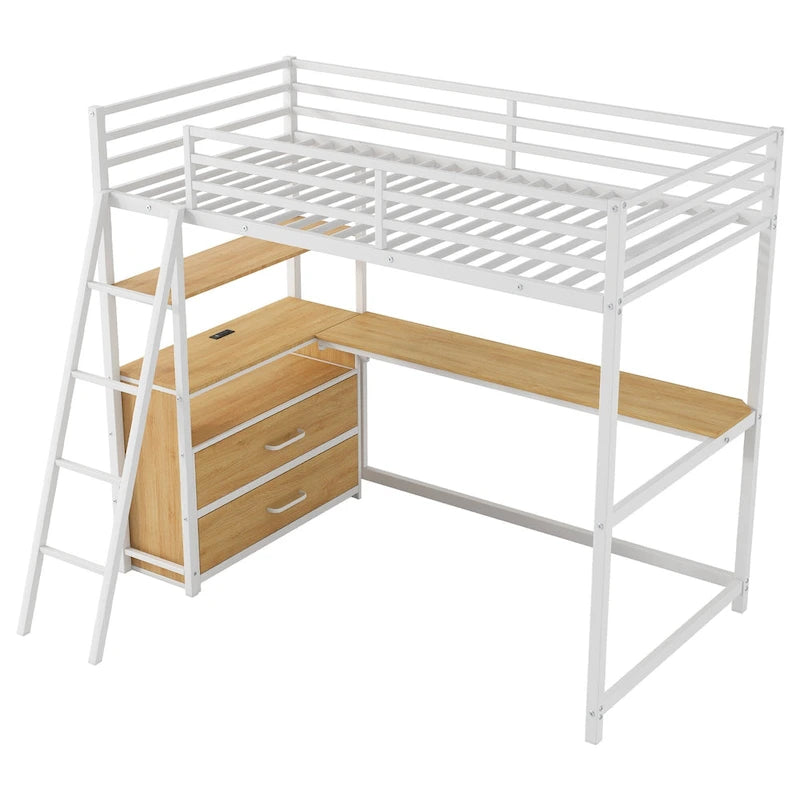 Lit mezzanine double en métal et bois avec bureau et étagères, deux tiroirs intégrés, lumière LED et station de recharge USB