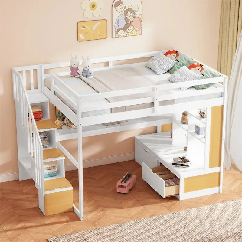 Full Size Loft Bed with Desk and Shelves,Two Drawers,Storage S rcase