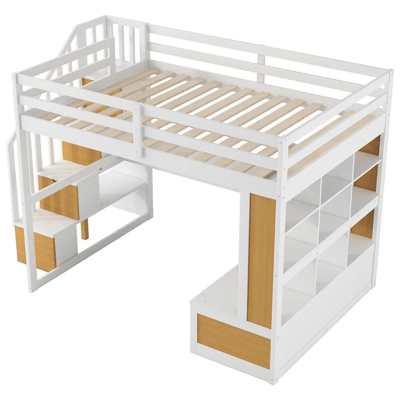 Lit mezzanine double avec bureau et étagères, deux tiroirs, escalier de rangement