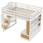 Lit mezzanine double avec bureau et étagères, deux tiroirs, escalier de rangement