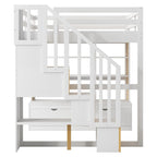 Lit mezzanine double avec bureau et étagères, deux tiroirs, escalier de rangement