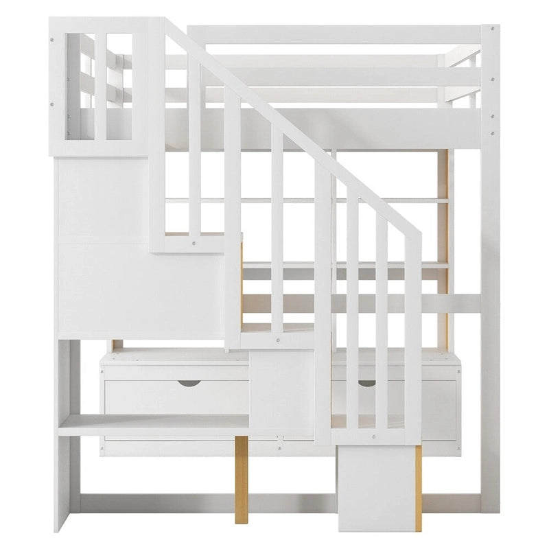 Lit mezzanine double avec bureau et étagères, deux tiroirs, escalier de rangement