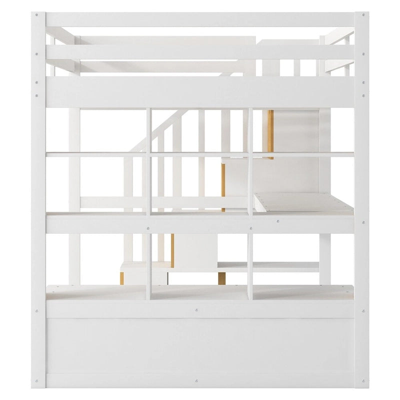 Lit mezzanine double avec bureau et étagères, deux tiroirs, escalier de rangement