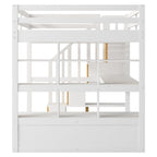 Lit mezzanine double avec bureau et étagères, deux tiroirs, escalier de rangement