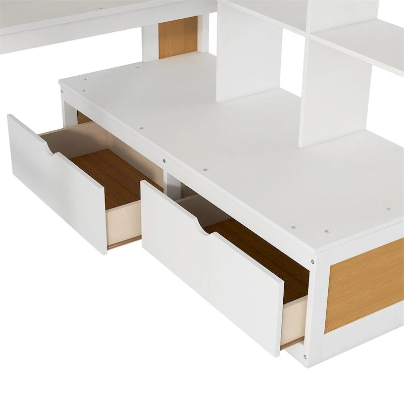 Lit mezzanine double avec bureau et étagères, deux tiroirs, escalier de rangement