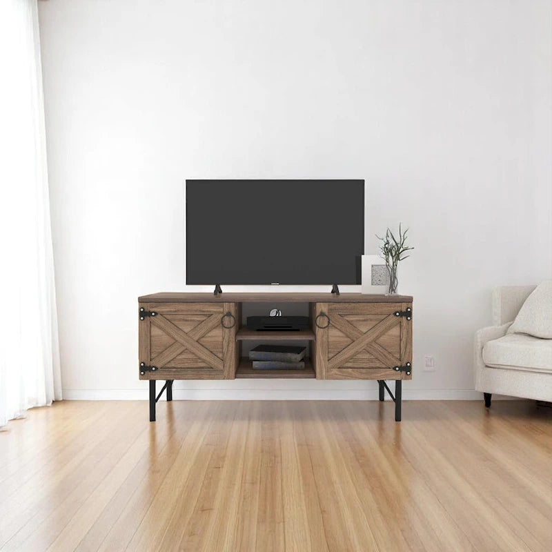 Meuble TV moderne avec 2 portes et rangements, centre de divertissement pour salon