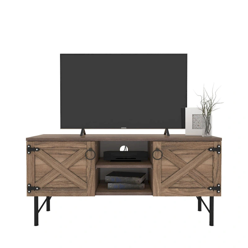 Meuble TV moderne avec 2 portes et rangements, centre de divertissement pour salon
