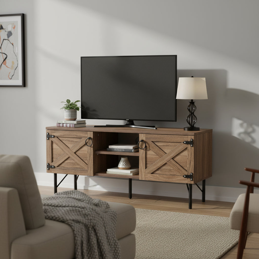 Meuble TV moderne avec 2 portes et rangements, centre de divertissement pour salon