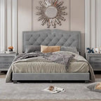 Cadre de lit rembourré Queen Size avec design riveté, lit plateforme moderne en velours avec tête de lit capitonnée, gris