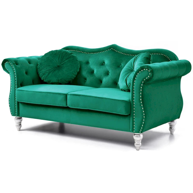   68 in. Velvet Chesterfield Loveseat with 2-Throw Pillow - 68L x 35W x 34H