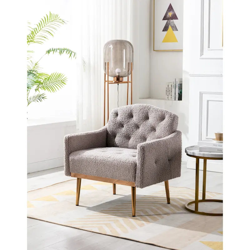 Fauteuil d'appoint capitonné en tissu Teddy avec pieds or rose