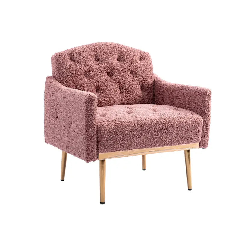 Fauteuil d'appoint capitonné en tissu Teddy avec pieds or rose