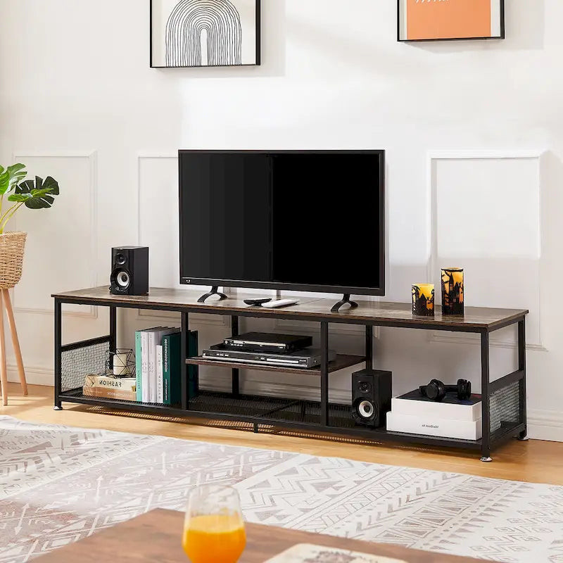 Meuble TV industriel, meuble de console multimédia avec rangement et étagère en maille pour salon/chambre, marron
