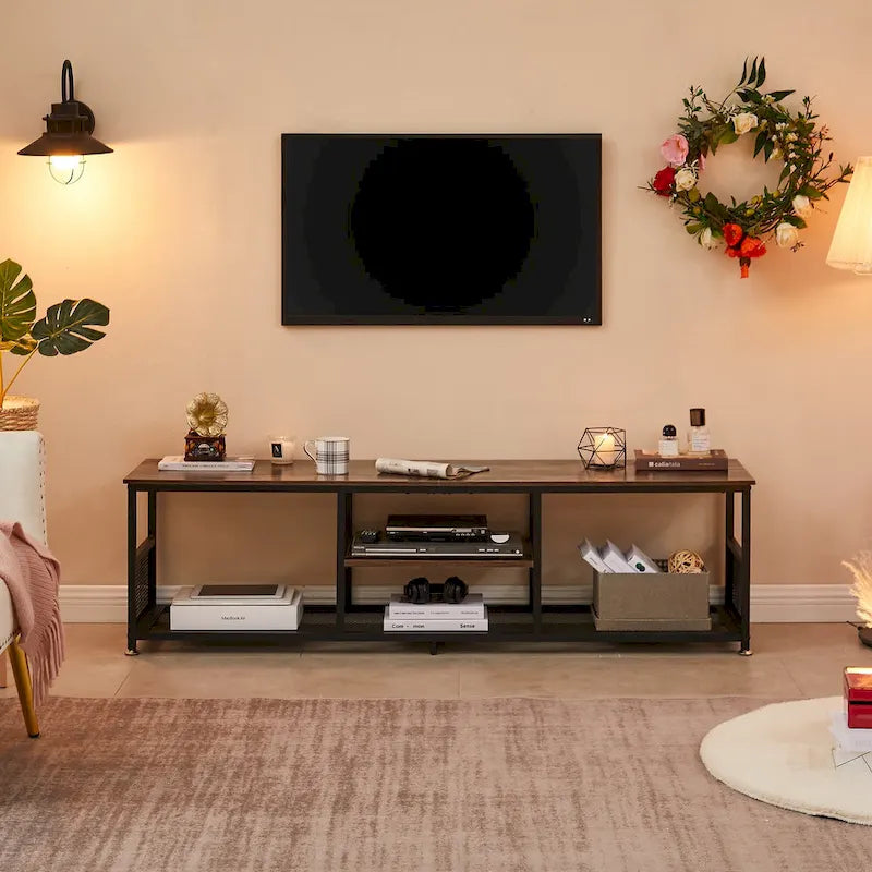 Meuble TV industriel, meuble de console multimédia avec rangement et étagère en maille pour salon/chambre, marron