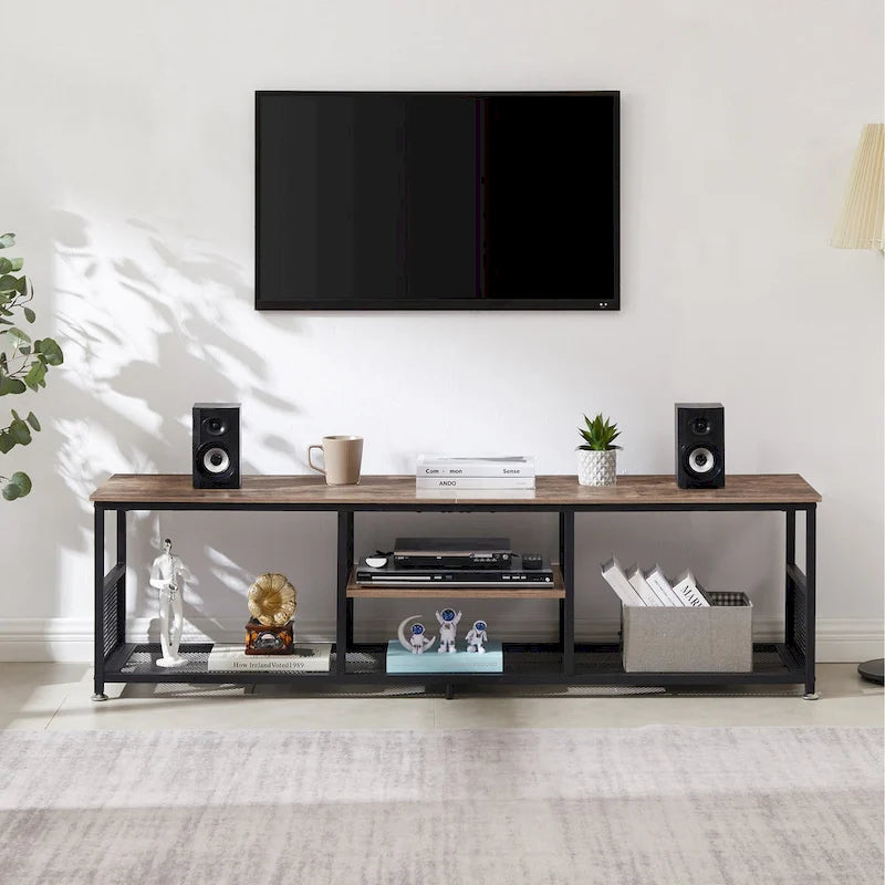 Meuble TV industriel, meuble de console multimédia avec rangement et étagère en maille pour salon/chambre, marron