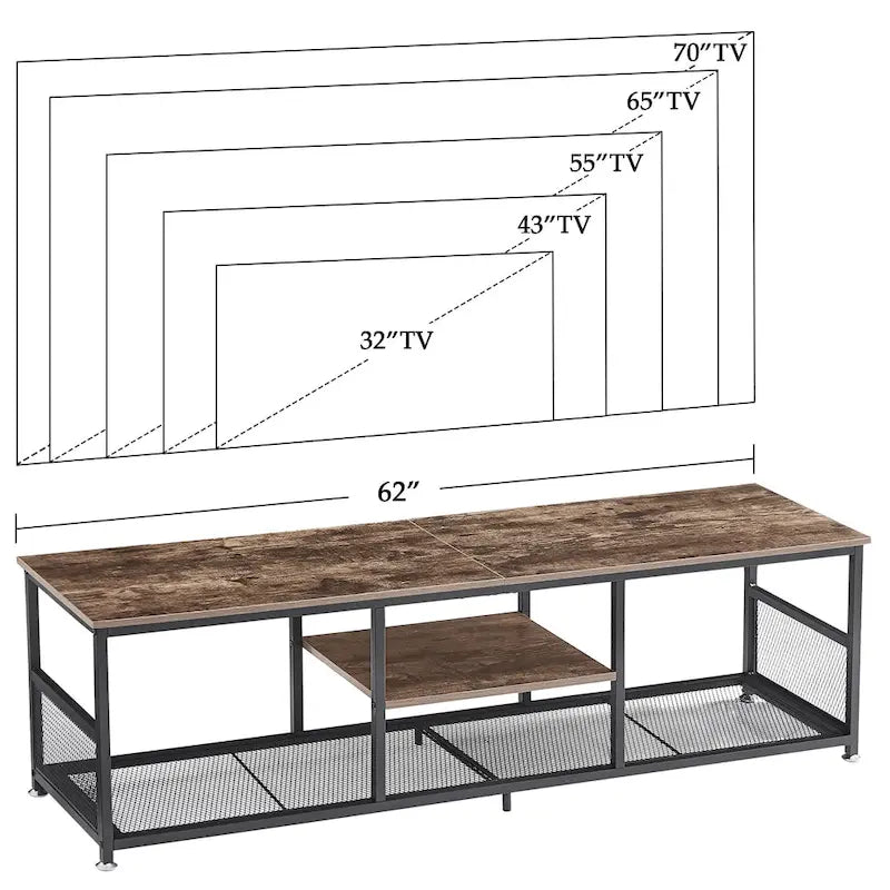 Meuble TV industriel, meuble de console multimédia avec rangement et étagère en maille pour salon/chambre, marron