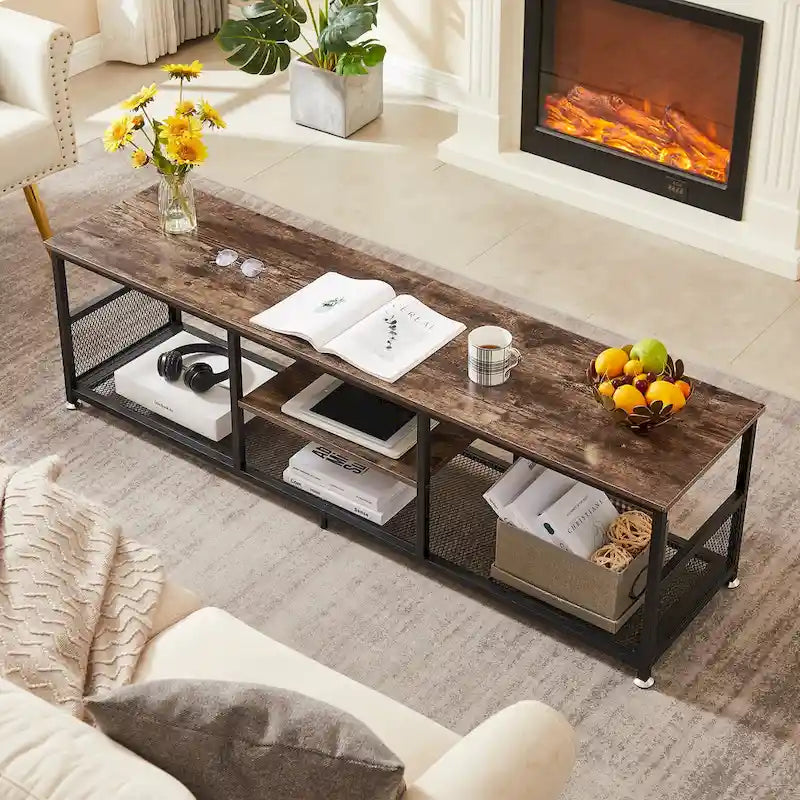 Meuble TV industriel, meuble de console multimédia avec rangement et étagère en maille pour salon/chambre, marron