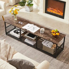 Meuble TV industriel, meuble de console multimédia avec rangement et étagère en maille pour salon/chambre, marron