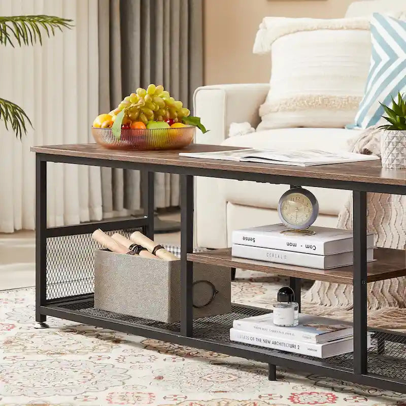 Meuble TV industriel, meuble de console multimédia avec rangement et étagère en maille pour salon/chambre, marron