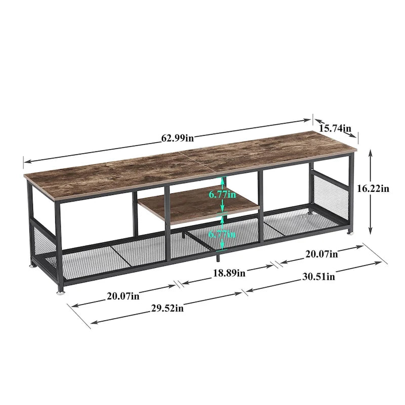 Meuble TV industriel, meuble de console multimédia avec rangement et étagère en maille pour salon/chambre, marron
