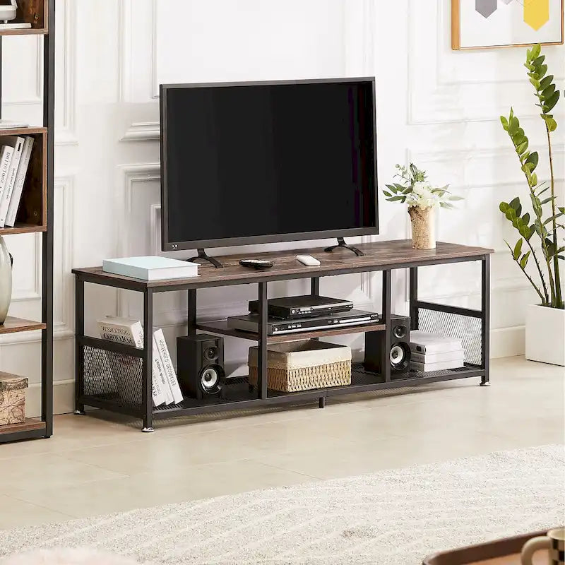 Meuble TV industriel, meuble de console multimédia avec rangement et étagère en maille pour salon/chambre, marron