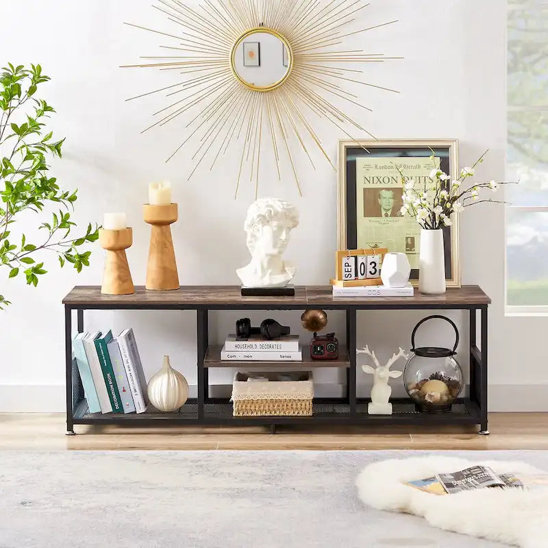 Meuble TV industriel, meuble de console multimédia avec rangement et étagère en maille pour salon/chambre, marron