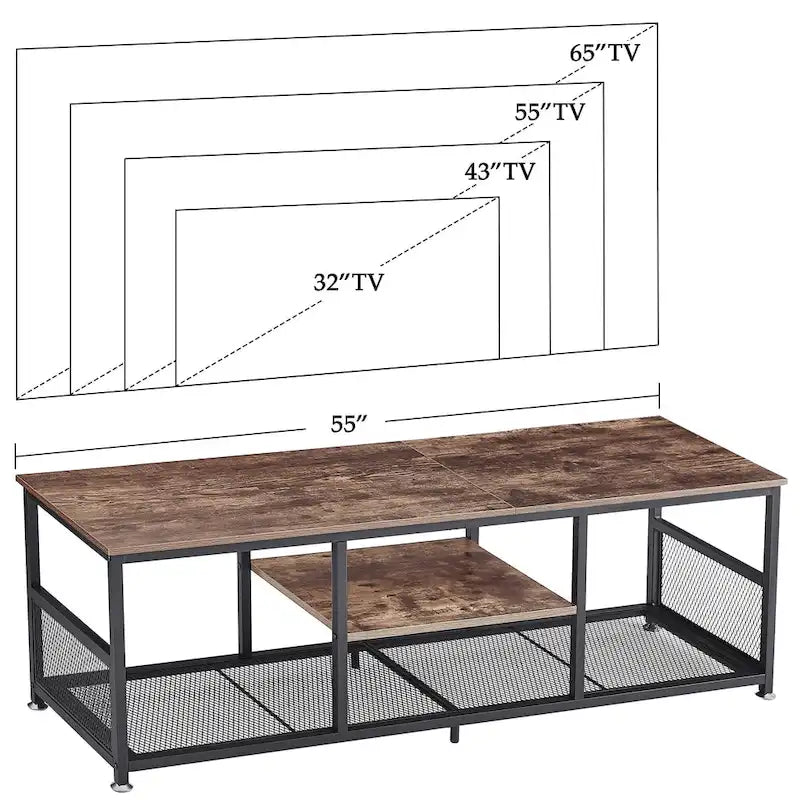 Meuble TV industriel, meuble de console multimédia avec rangement et étagère en maille pour salon/chambre, marron