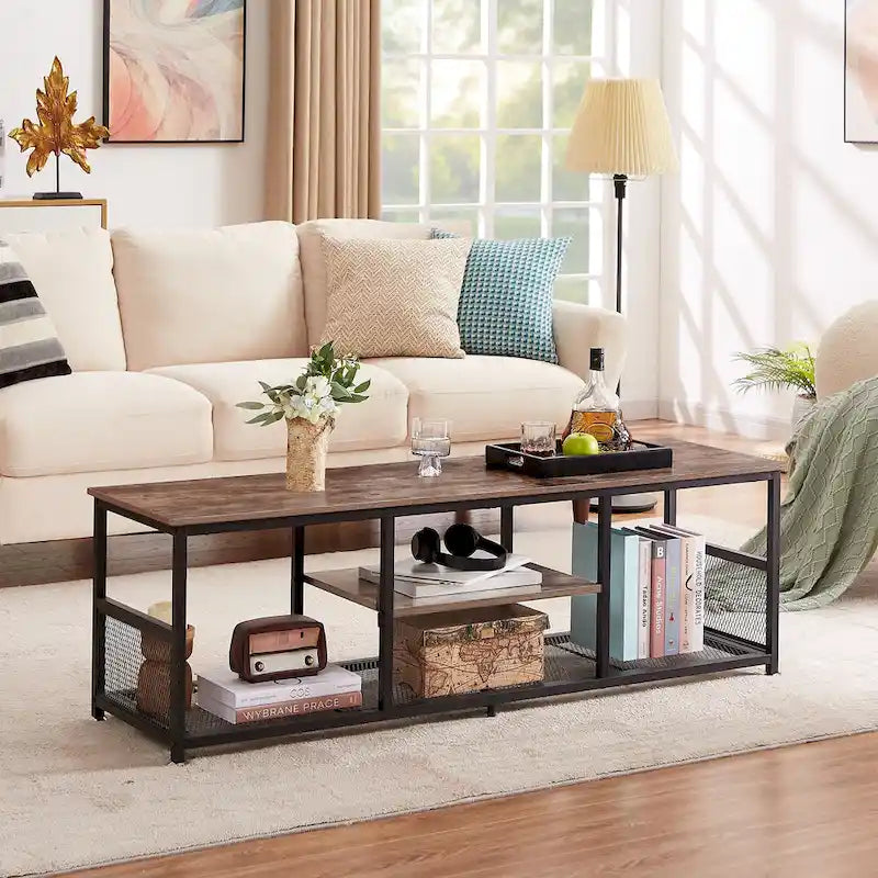 Meuble TV industriel, meuble de console multimédia avec rangement et étagère en maille pour salon/chambre, marron