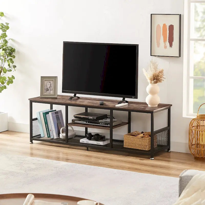 Meuble TV industriel, meuble de console multimédia avec rangement et étagère en maille pour salon/chambre, marron