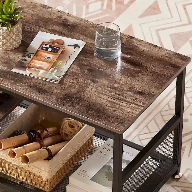 Meuble TV industriel, meuble de console multimédia avec rangement et étagère en maille pour salon/chambre, marron